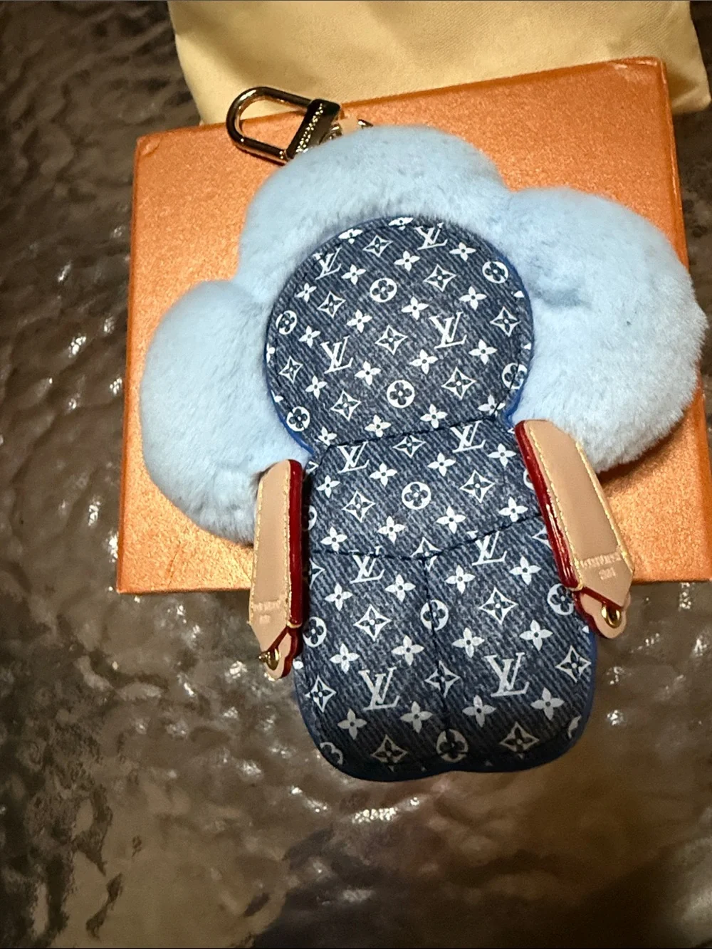 Louis Vuitton Light Blue Fur Flower Bag Charm with Monogram Accents